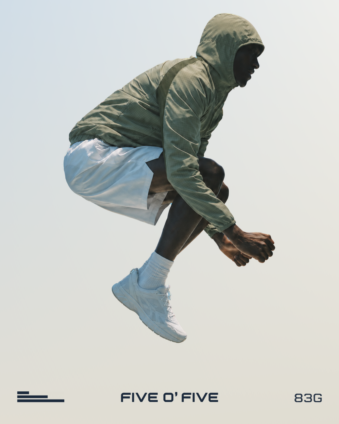 Model jumping in the green Five O’ Five Air Jacket, 83G